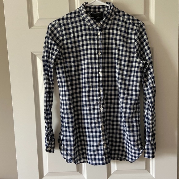 J. Crew Tops - J. CREW BOY Navy Blue White Plaid Check Shirt Sz 4